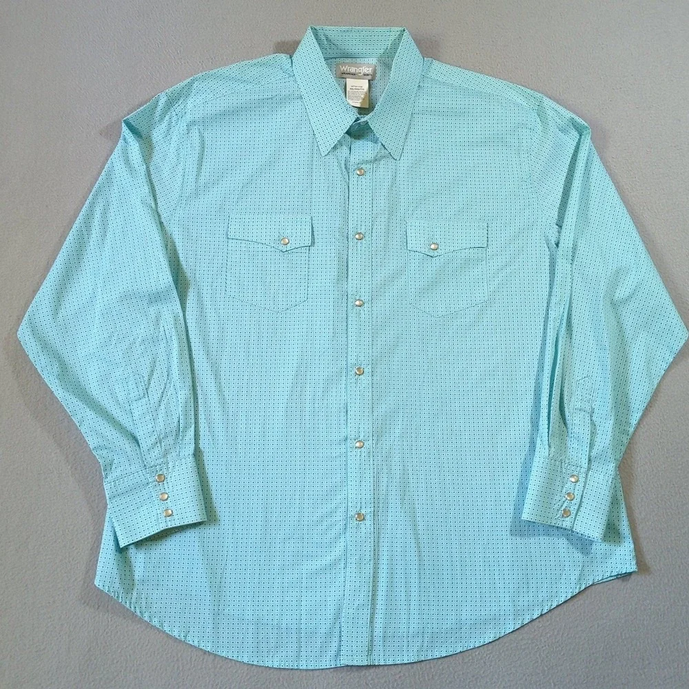 Wrangler Wrancher Pearl Snap Shirt‎ Mens XXL Light Blue Geometric Western